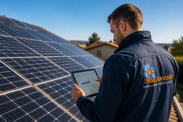 Technicien SolAvenir contrôlant la production d'une installation photovoltaïque