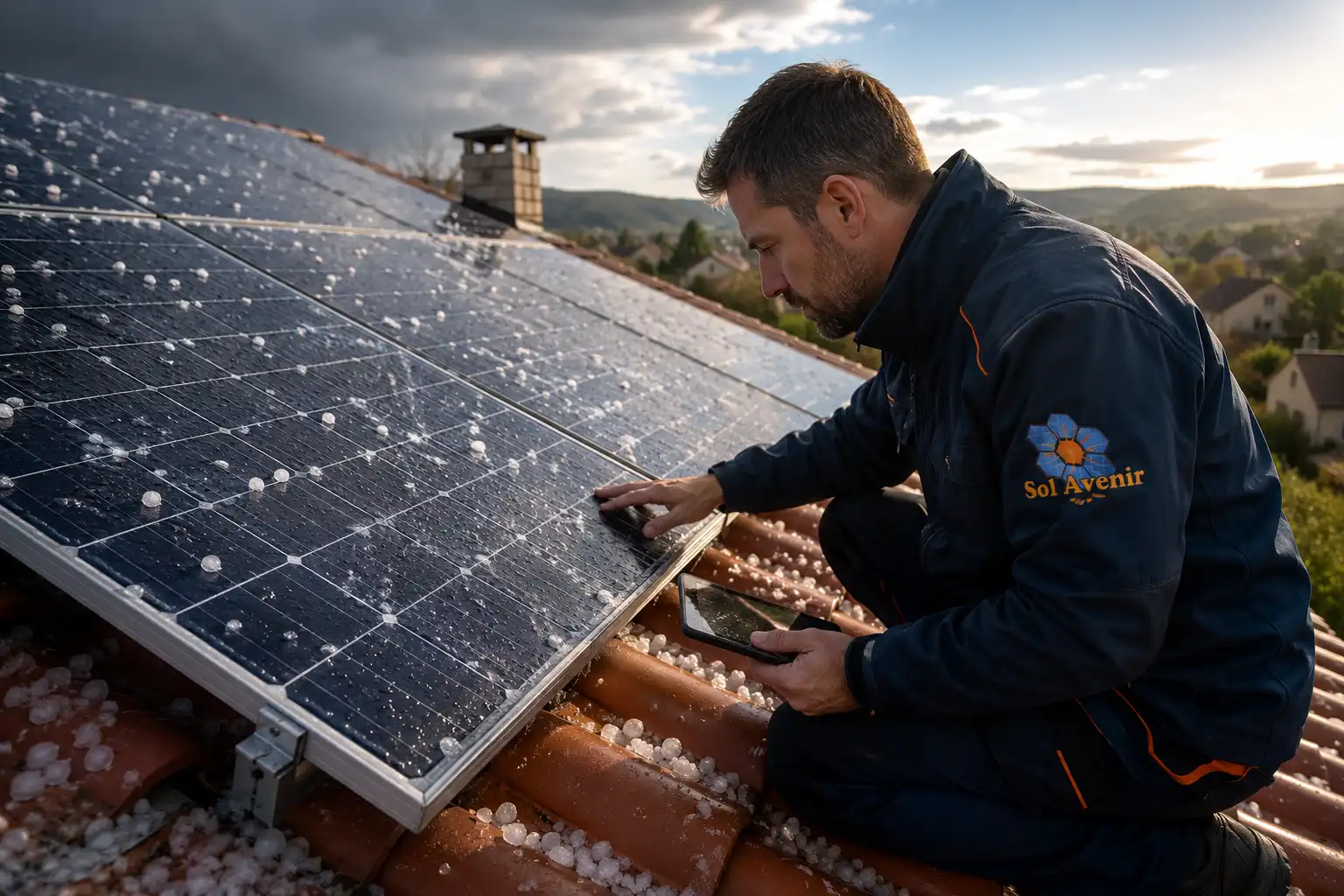 Panneaux solaires photovoltaïques après un épisode de grêle