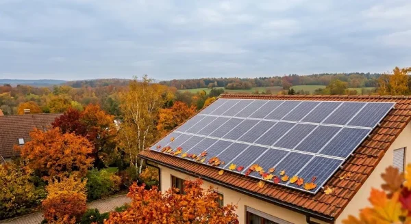 Panneaux solaires sur un toit en automne avec un graphique de production saisonnière normale et des feuilles mortes.